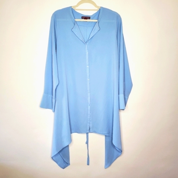 Jessica London Tie Waist Blue Tunic Size 20W Flowy Button Front Long Sleeve Top - Picture 1 of 12
